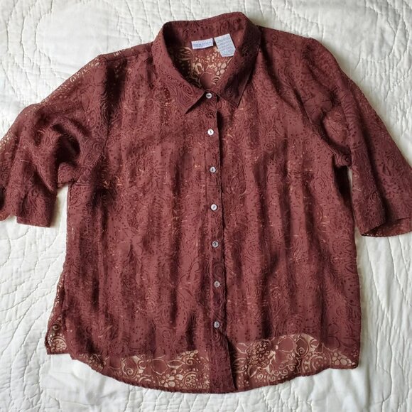 BLOUSE WHITE STAG SIZE 18W BROWN SHEER LACE 3/4 SLEEVES BUTTONS GREAT CONDITION - Picture 7 of 8
